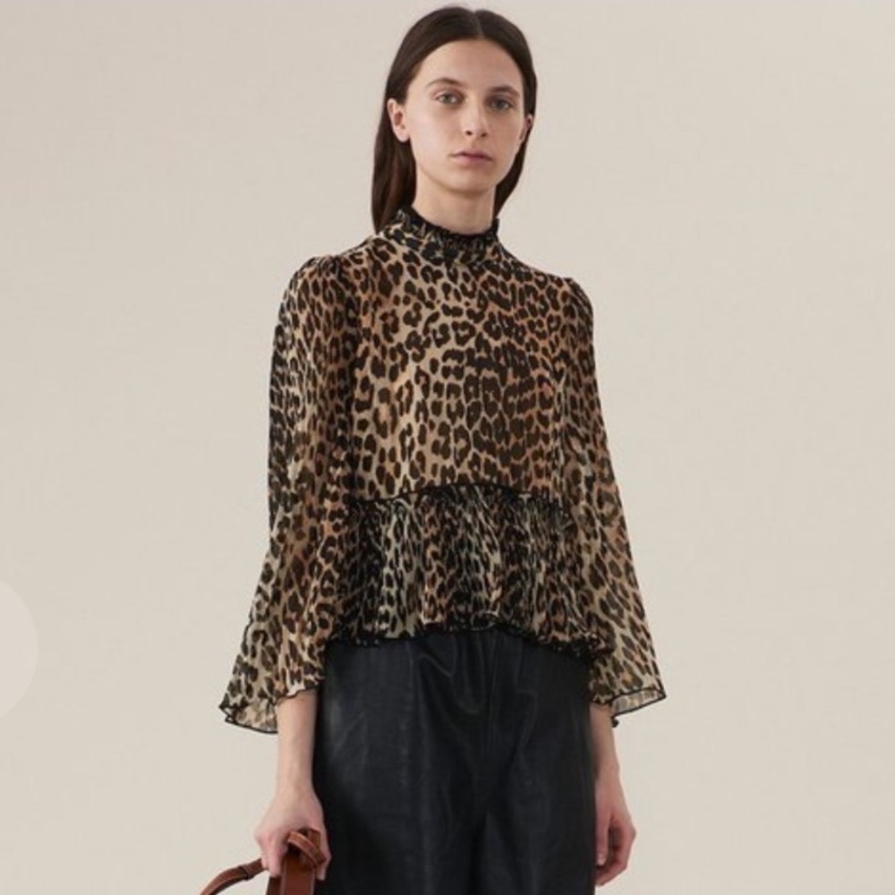 Ganni Leopard Print High-Neck Ruffle Blouse in Brown and Black
